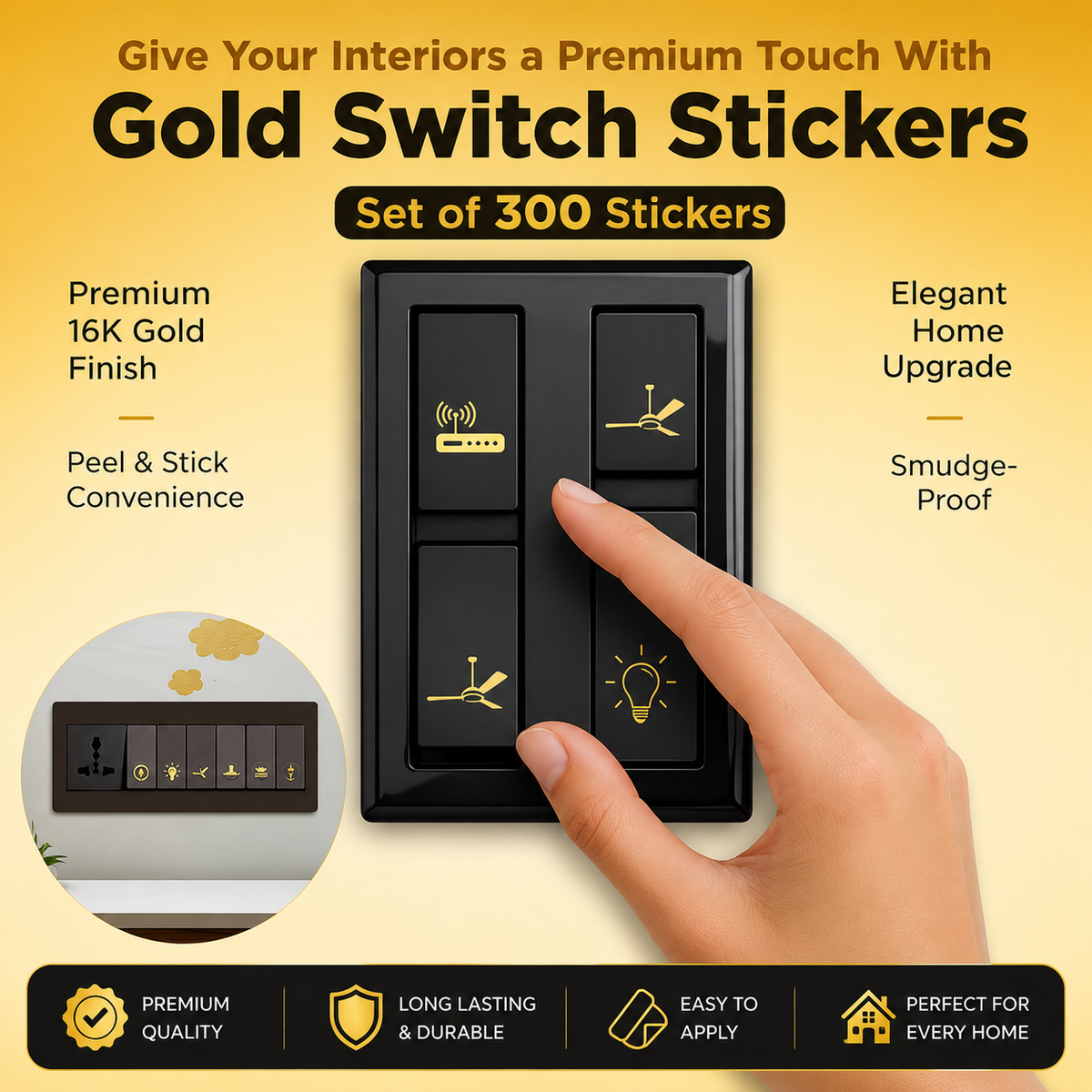 Black & Gold Switch Stickers – Decorative Wall Switch & Socket Labels | Set of 300