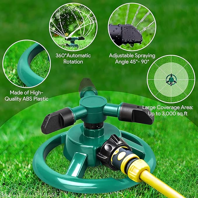 Automatic 360° Lawn Sprinkler – 3-Arm 4-Nozzle Rotating Water Sprayer for Garden, Plants & Yard Irrigation | CL-NE-5533