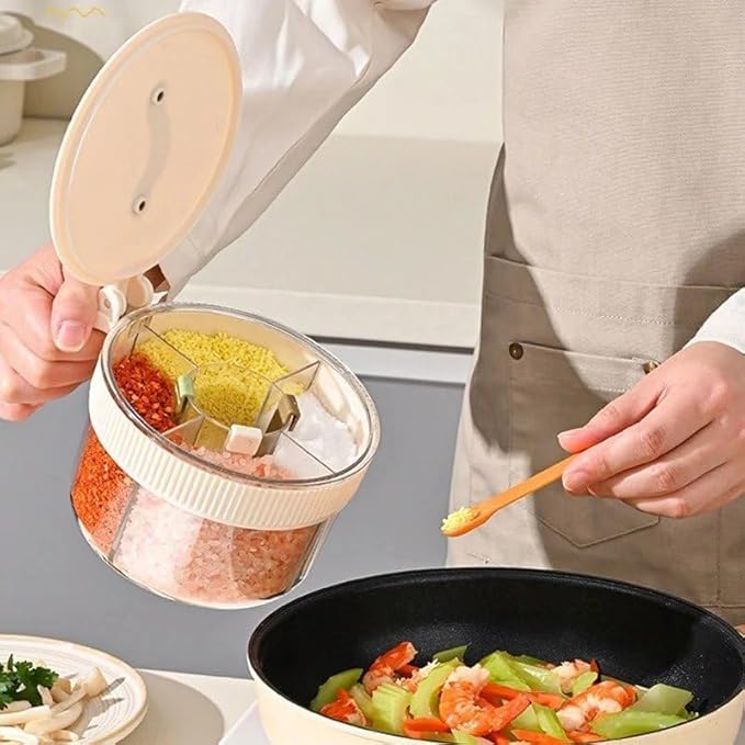 4-in-1 Spice Storage Box – Multi-Compartment Airtight Seasoning Organizer with Salt & Pepper Dispenser for Kitchen | CL-BR-5572