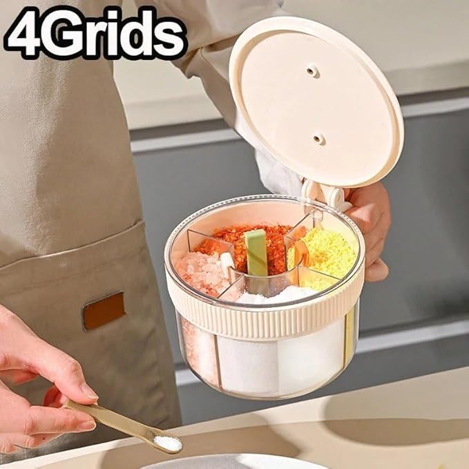 4-in-1 Spice Storage Box – Multi-Compartment Airtight Seasoning Organizer with Salt & Pepper Dispenser for Kitchen | CL-BR-5572