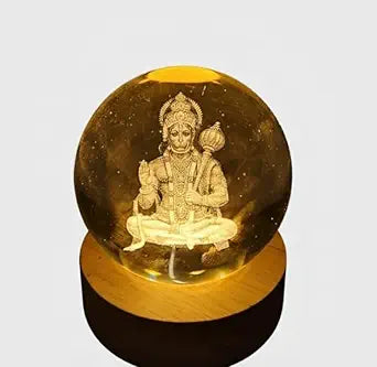 Lord Hanuman 3D Laser-Engraved Crystal Ball LED Night Light – Decorative Spiritual Lamp with Wooden Base for Home & Pooja Room