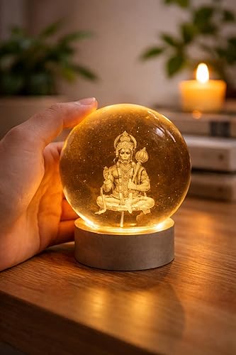 Lord Hanuman 3D Laser-Engraved Crystal Ball LED Night Light – Decorative Spiritual Lamp with Wooden Base for Home & Pooja Room