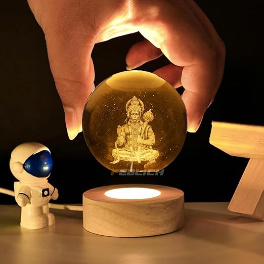Lord Hanuman 3D Laser-Engraved Crystal Ball LED Night Light – Decorative Spiritual Lamp with Wooden Base for Home & Pooja Room