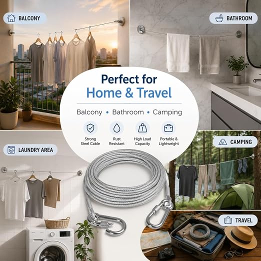 Stainless Steel Clothes Drying Rope with Hooks – 5 Meter Retractable & Portable Laundry Drying Line for Home, Travel & Outdoor Use