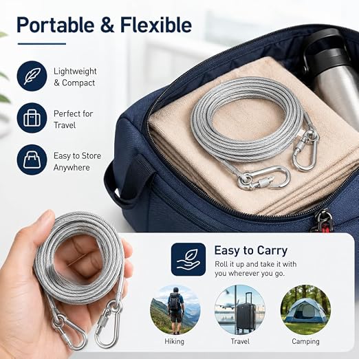 Stainless Steel Clothes Drying Rope with Hooks – 5 Meter Retractable & Portable Laundry Drying Line for Home, Travel & Outdoor Use