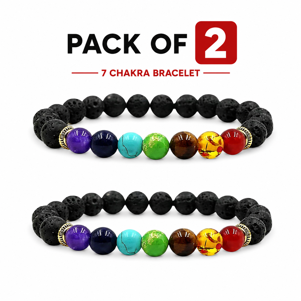 7 Chakra Lava Stone Bracelet – Colorful Chakra Beads Spiritual Bracelet for Men & Women (Pack of 2)