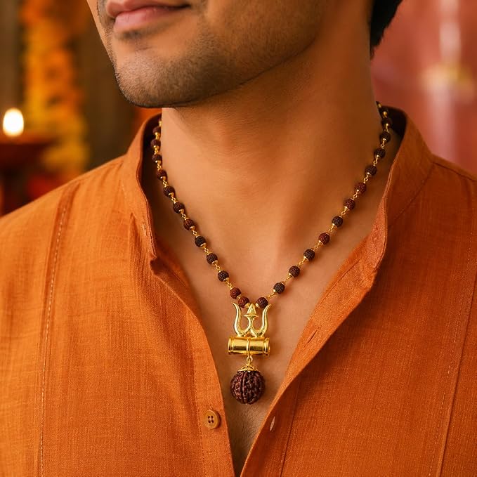 Religious Trishul Damaru Locket – Gold-Plated Cap Spiritual Pendant for Men & Women