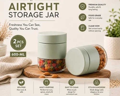 Storage Jar Container 600ml – Airtight Kitchen Food Storage Containers | Pack of 2