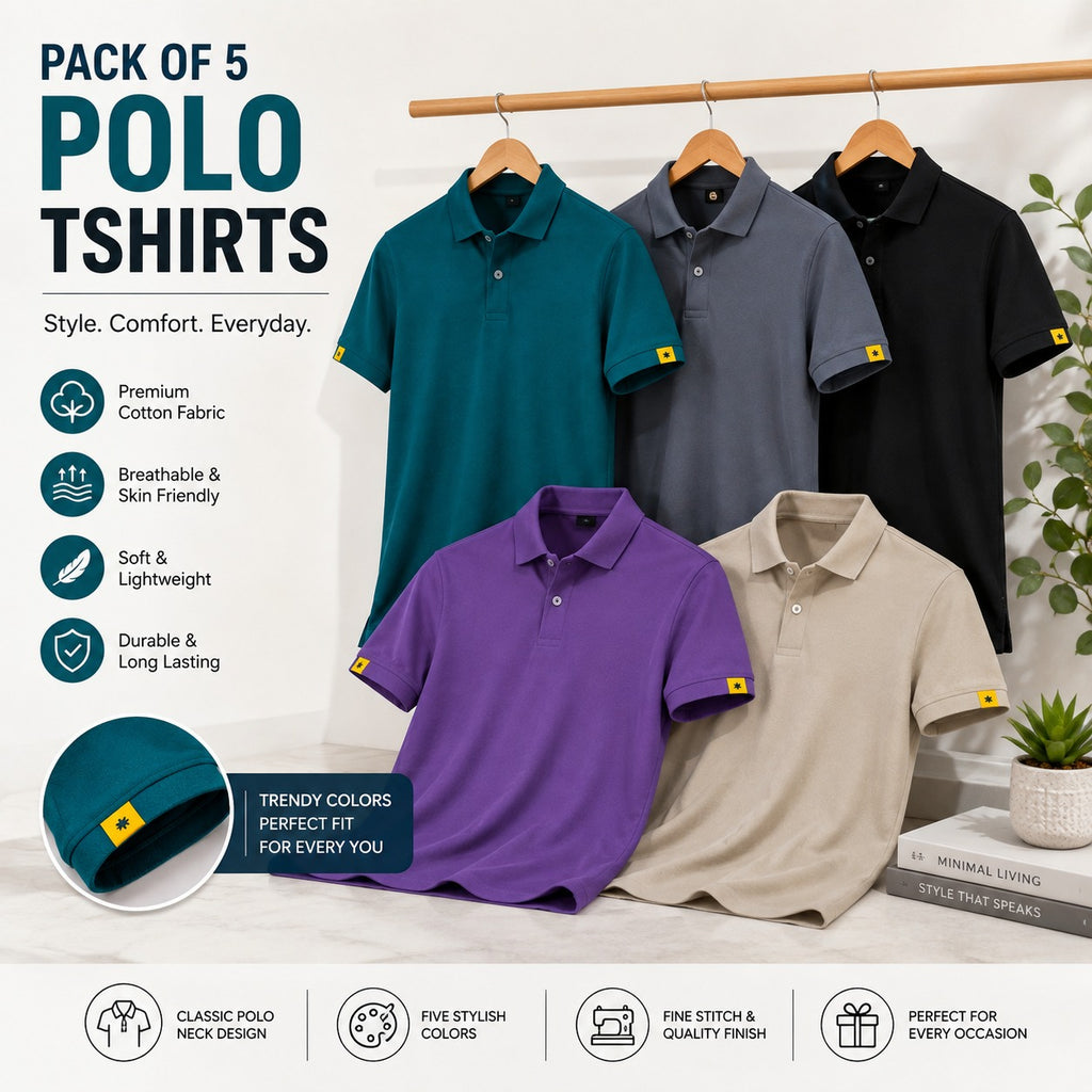 Pack of 5 Men’s Polyester Polo T-Shirts – Assorted Colors | Casual & Everyday Wear