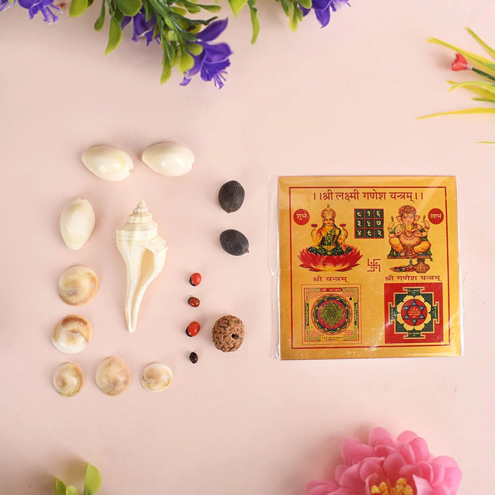 Lakshmi Ganesh Yantra Pooja Set – Kamal Seeds, Gomati Chakra, 5 Mukhi Rudraksha, Gunja Ratti, Kauri & Small Shankh