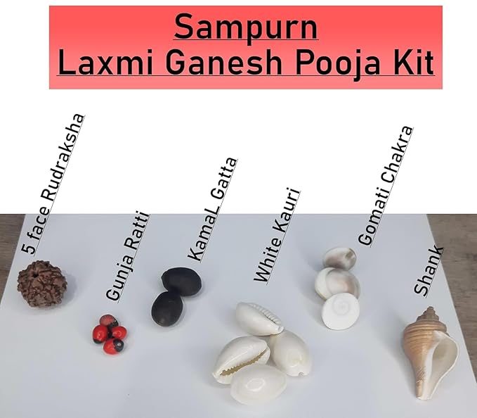 Lakshmi Ganesh Yantra Pooja Set – Kamal Seeds, Gomati Chakra, 5 Mukhi Rudraksha, Gunja Ratti, Kauri & Small Shankh