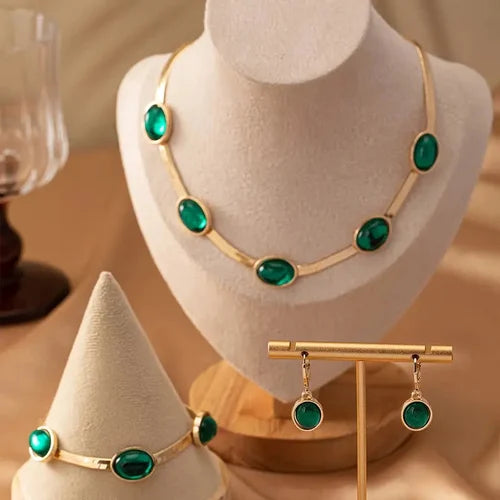 Oval Green Crystal Necklace & Bracelet Set – Elegant Fashion Jewelry Set for Women & Girls