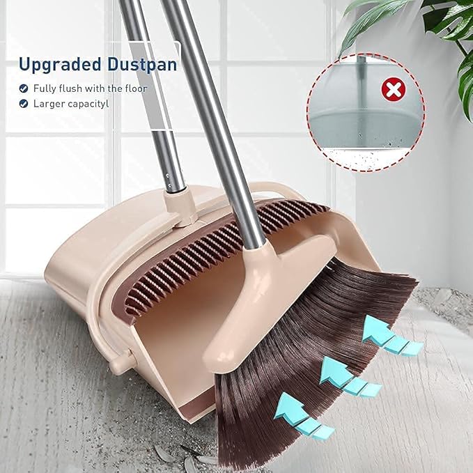 Broom & Dustpan Set – Long Handle Floor Sweeper with Standing Dustpan | Multicolor