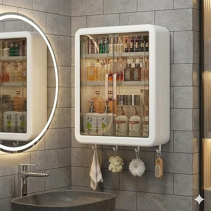 Wall Mounted Bathroom Cabinet Organizer – No-Drill Storage Shelf with Doors, Hooks & Shelves