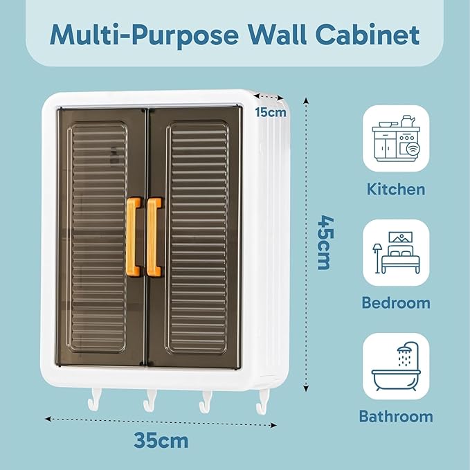 Wall Mounted Bathroom Cabinet Organizer – No-Drill Storage Shelf with Doors, Hooks & Shelves