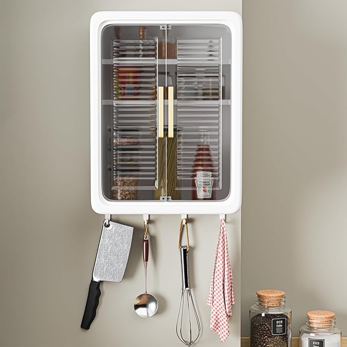 Wall Mounted Bathroom Cabinet Organizer – No-Drill Storage Shelf with Doors, Hooks & Shelves