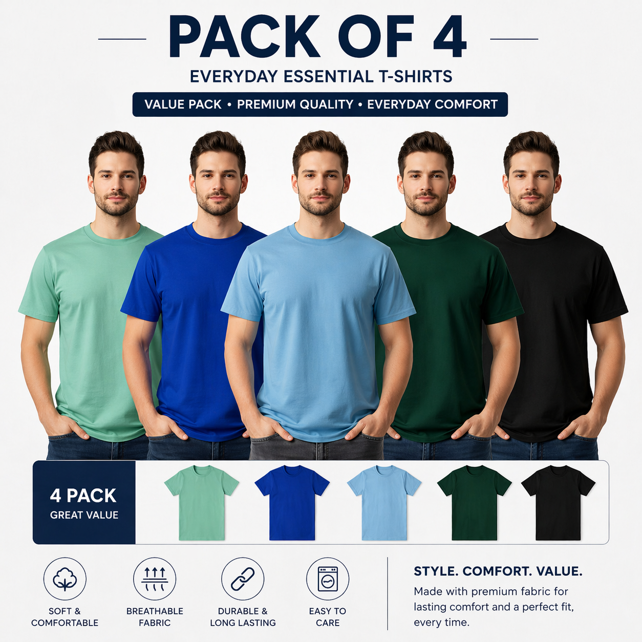 Men's Round Neck Half Sleeve T-Shirt – Comfortable Casual Cotton-Style Tees | Pack of 4, Random Colors