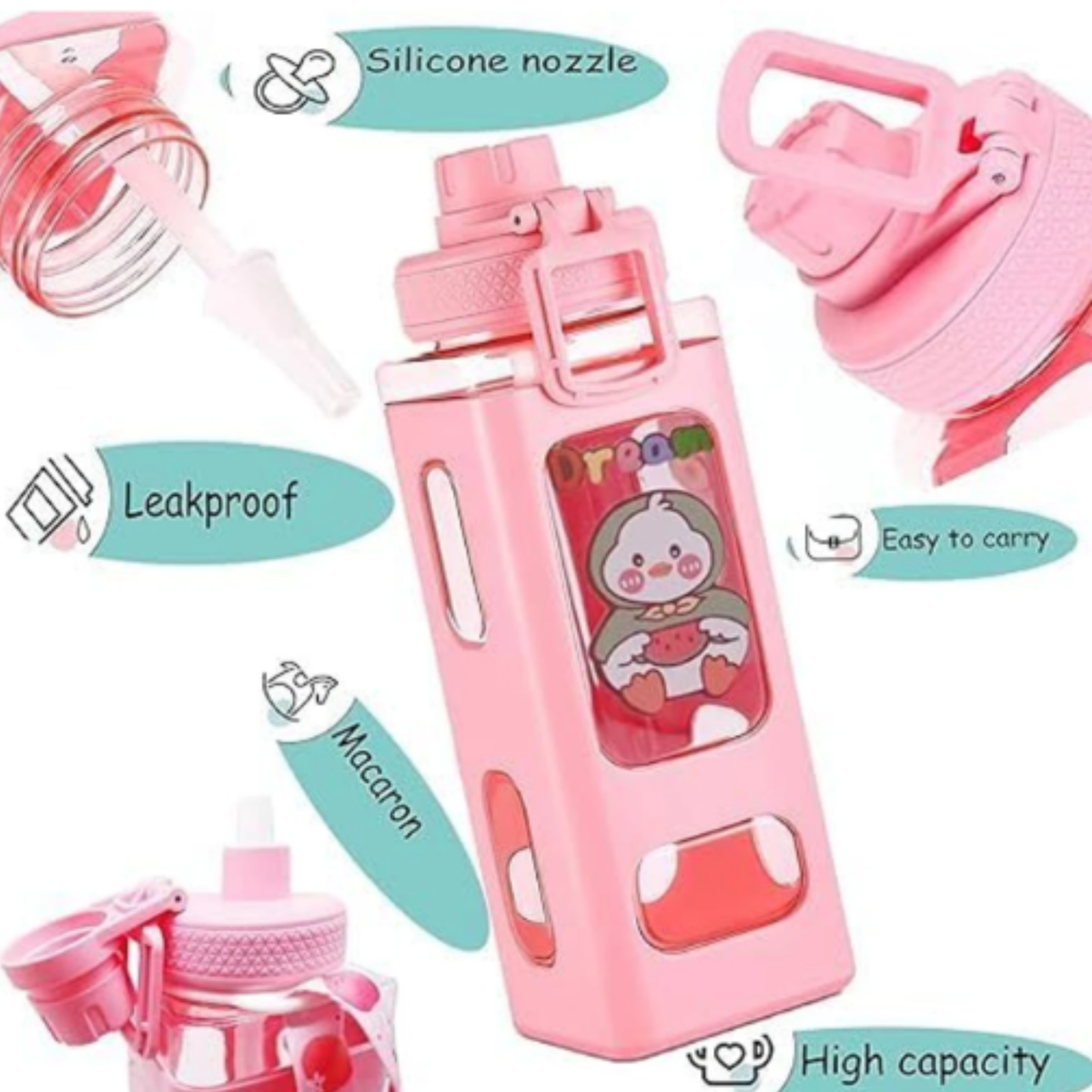 700ml Kawaii Water Bottle with Lid & Straw – Assorted Colors | Pack of 1
