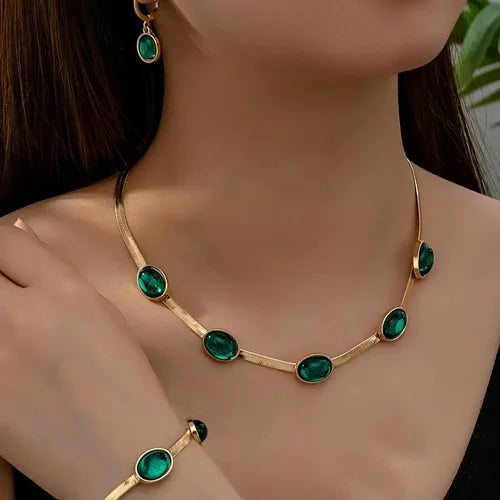 Oval Green Crystal Necklace & Bracelet Set – Elegant Fashion Jewelry Set for Women & Girls
