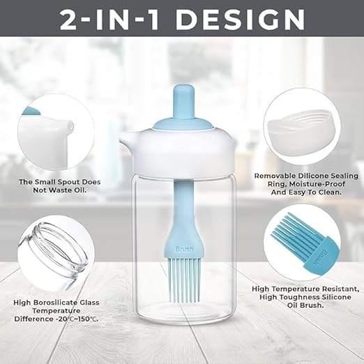 250ml 2-in-1 Glass Oil Dispenser Bottle with Silicone Brush – Cooking Oil Sprayer & Basting Brush for Kitchen