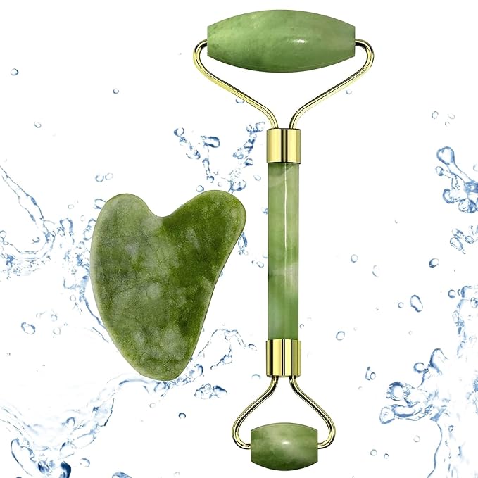 Jade Roller & Gua Sha Facial Massager – Natural Himalayan Stone Face & Neck Massage Tool for Skincare & Serum Application