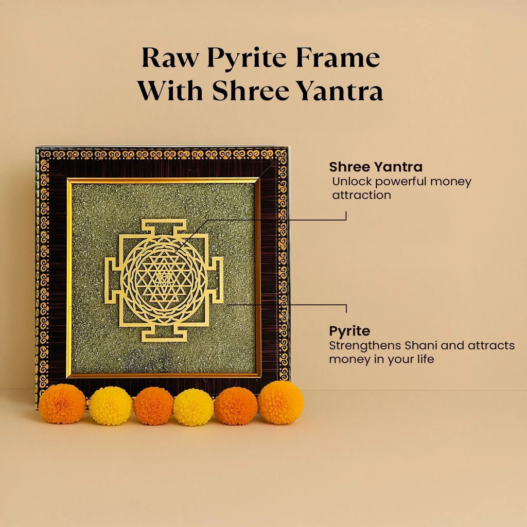 Shree Yantra on Pyrite Frame – Wealth, Prosperity & Vastu Decorative Spiritual Frame