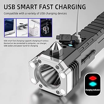 Rechargeable Car Rescue Flashlight – Long-Range Beam Torch with Window Breaker & Seat Belt Cutter