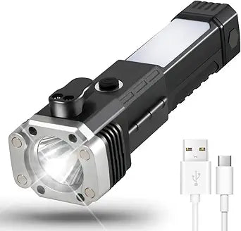 Rechargeable Car Rescue Flashlight – Long-Range Beam Torch with Window Breaker & Seat Belt Cutter