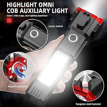 Rechargeable Car Rescue Flashlight – Long-Range Beam Torch with Window Breaker & Seat Belt Cutter