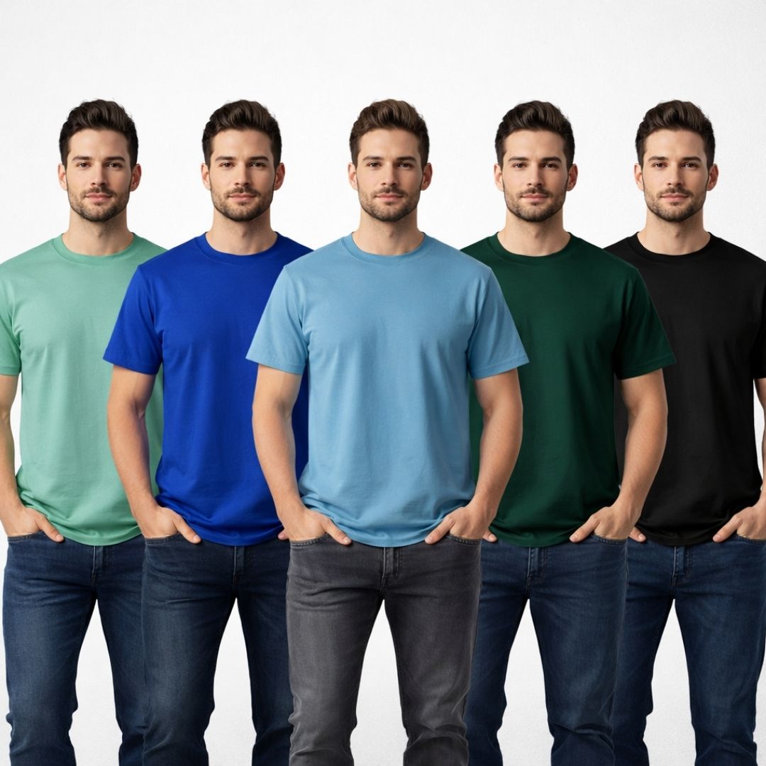 Men's Round Neck Half-Sleeve T-Shirts – Casual Cotton-Style Everyday Tees | Pack of 5, Random Colors