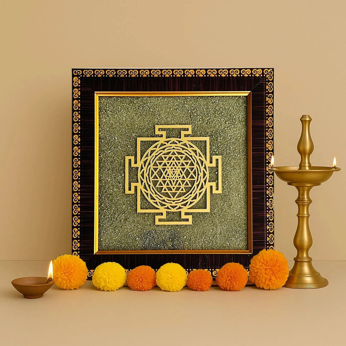 Shree Yantra on Pyrite Frame – Wealth, Prosperity & Vastu Decorative Spiritual Frame