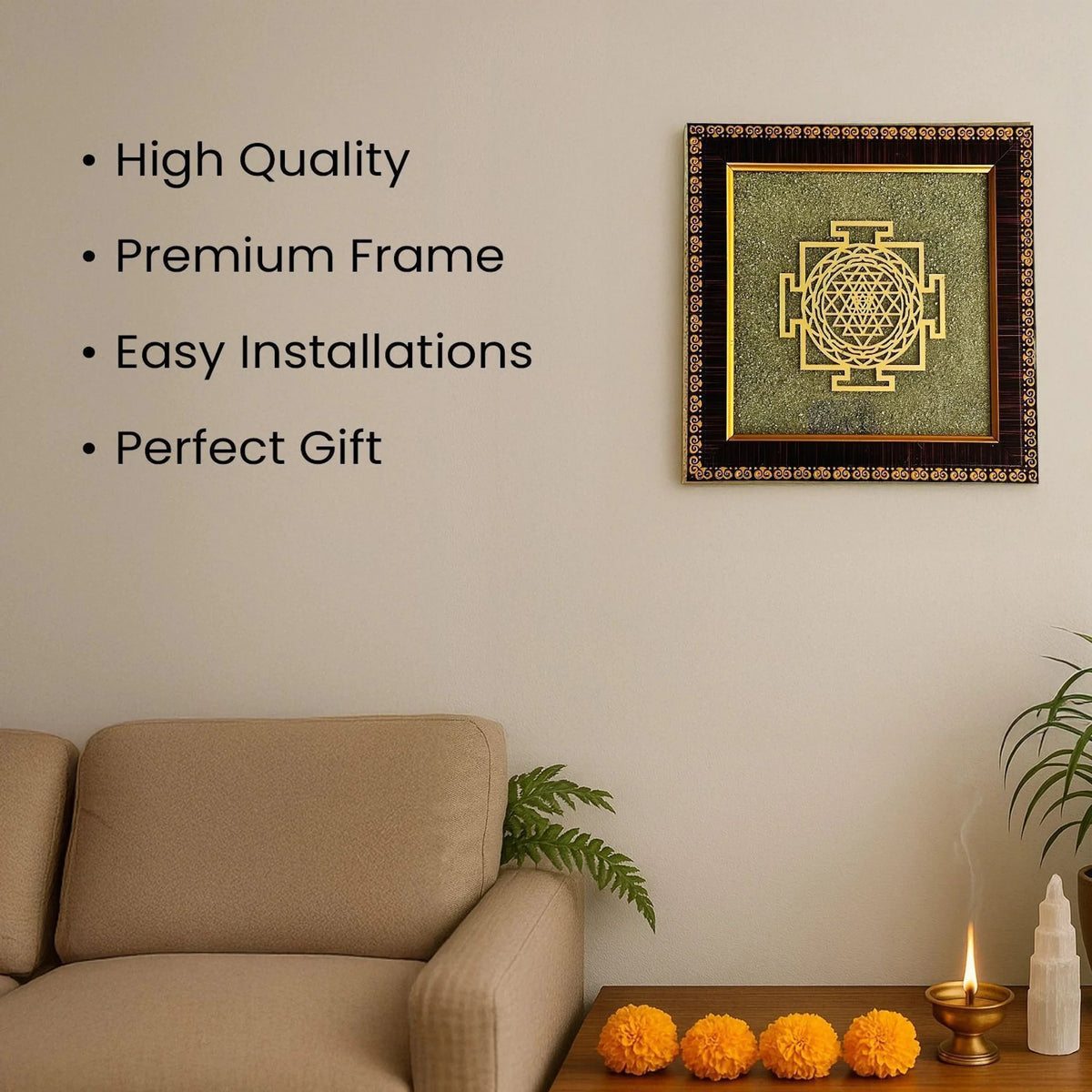Shree Yantra on Pyrite Frame – Wealth, Prosperity & Vastu Decorative Spiritual Frame